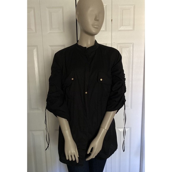 TORY BURCH BLACK COTTON MOCK COLLAR 3/4 SLEEVE BLOUSE SIZE 4-POCKETS - Picture 8 of 13